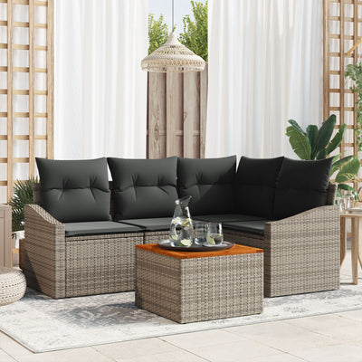 5 Piece Garden Sofa Set with Cushions Grey Poly Rattan Acacia