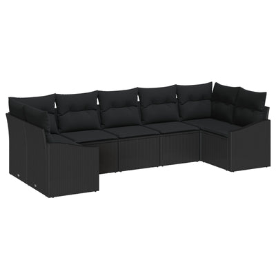 7 Piece Garden Sofa Set with Cushions Black Poly Rattan