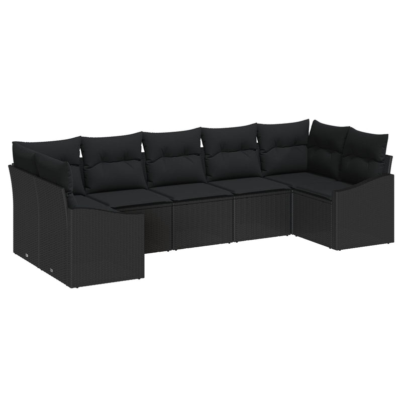 7 Piece Garden Sofa Set with Cushions Black Poly Rattan
