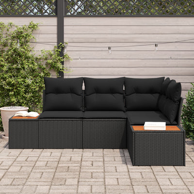 4 Piece Garden Sofa Set with Cushions Black Poly Rattan Acacia