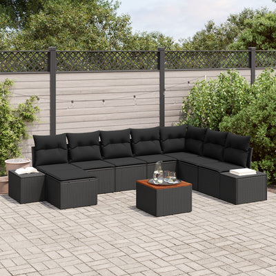 9 Piece Garden Sofa Set with Cushions Black Poly Rattan Acacia