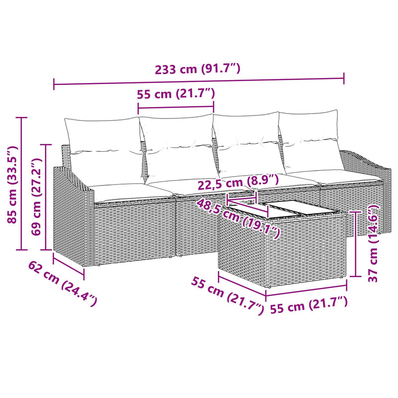 5 Piece Garden Sofa Set with Cushions Black Poly Rattan
