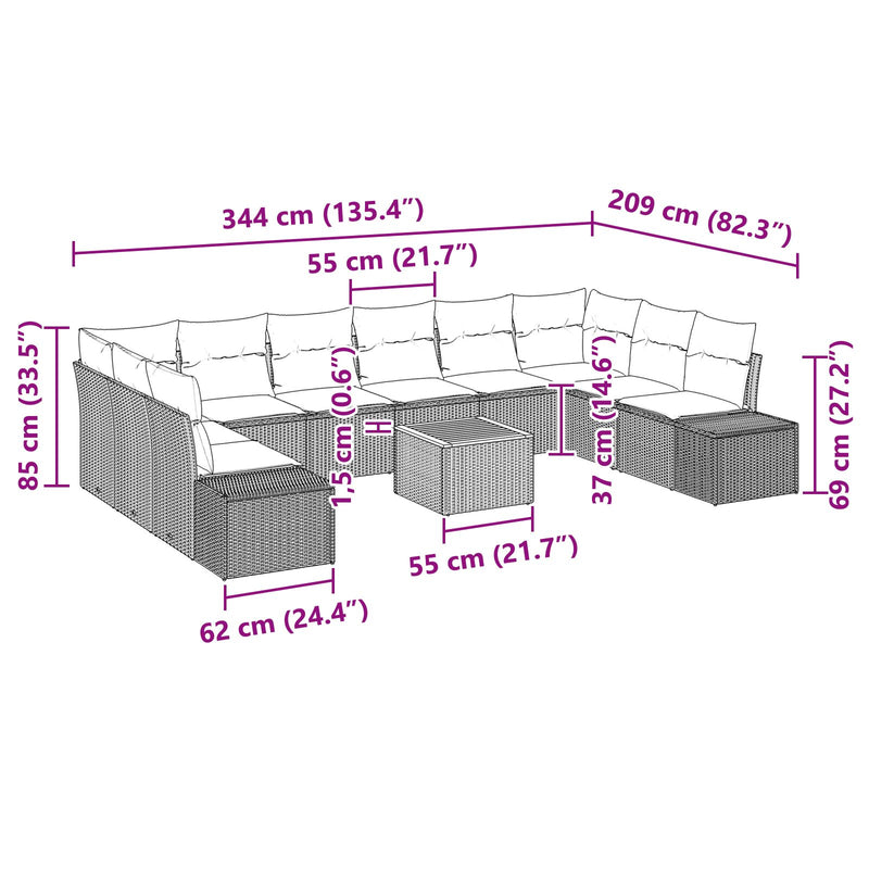 11 Piece Garden Sofa Set with Cushions Black Poly Rattan Acacia