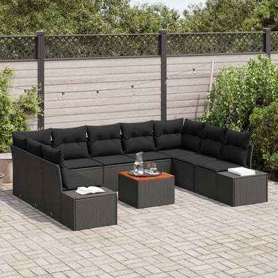 10 Piece Garden Sofa Set with Cushions Black Poly Rattan Acacia