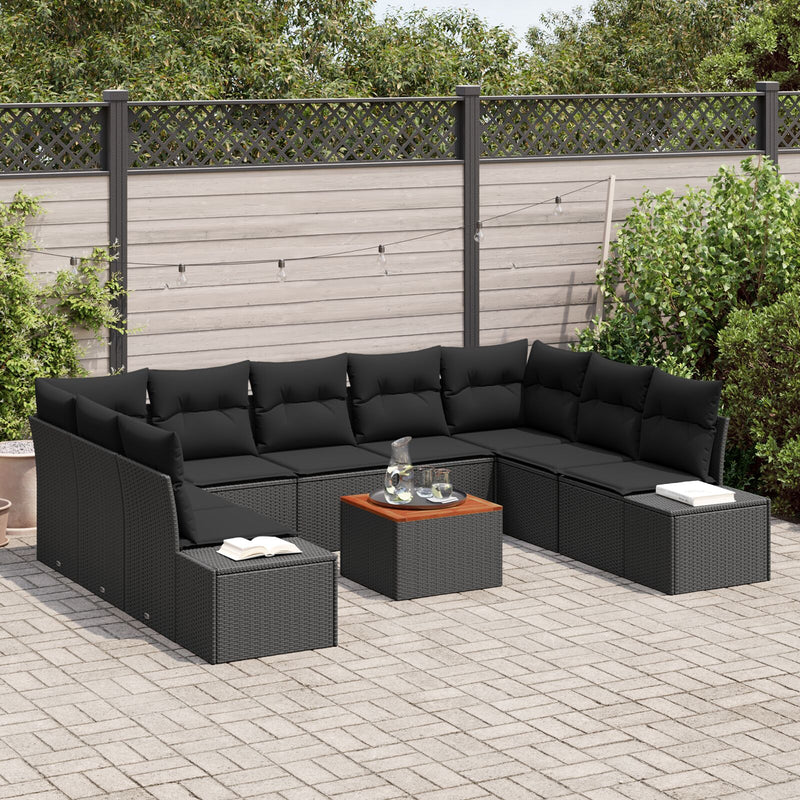10 Piece Garden Sofa Set with Cushions Black Poly Rattan Acacia