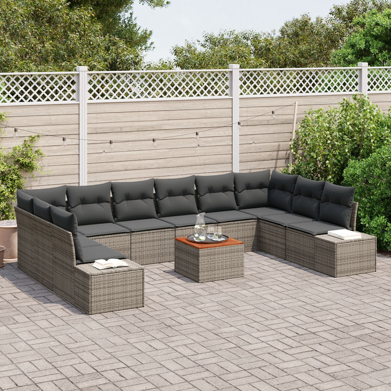 11 Piece Garden Sofa Set with Cushions Grey Poly Rattan Acacia