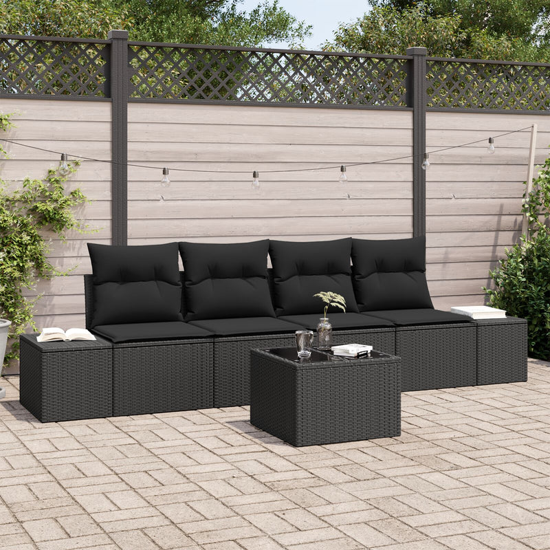5 Piece Garden Sofa Set with Cushions Black Poly Rattan