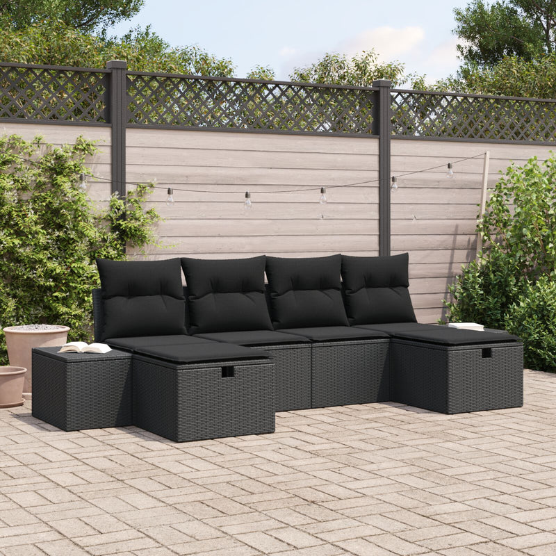 6 Piece Garden Sofa Set with Cushions Black Poly Rattan