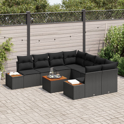 9 Piece Garden Sofa Set with Cushions Black Poly Rattan Acacia