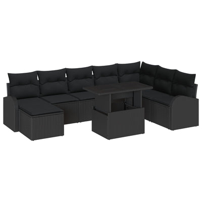 9 Piece Garden Sofa Set with Cushions Black Poly Rattan