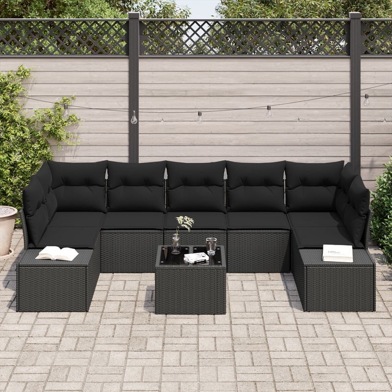 8 Piece Garden Sofa Set with Cushions Black Poly Rattan