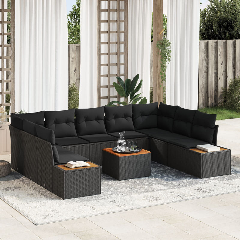10 Piece Garden Sofa Set with Cushions Black Poly Rattan Acacia