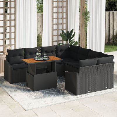 9 Piece Garden Sofa Set with Cushions Black Poly Rattan