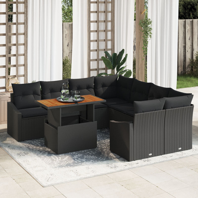 9 Piece Garden Sofa Set with Cushions Black Poly Rattan