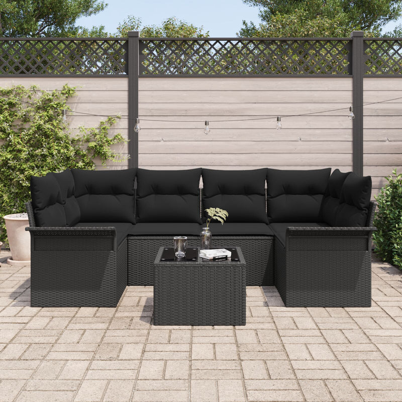 7 Piece Garden Sofa Set with Cushions Black Poly Rattan