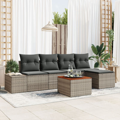 6 Piece Garden Sofa Set with Cushions Grey Poly Rattan Acacia