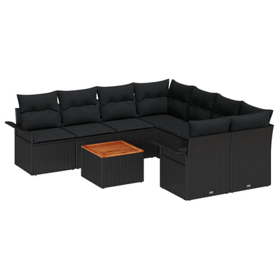 9 Piece Garden Sofa Set with Cushions Black Poly Rattan Acacia