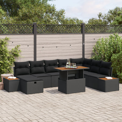 9 Piece Garden Sofa Set with Cushions Black Poly Rattan