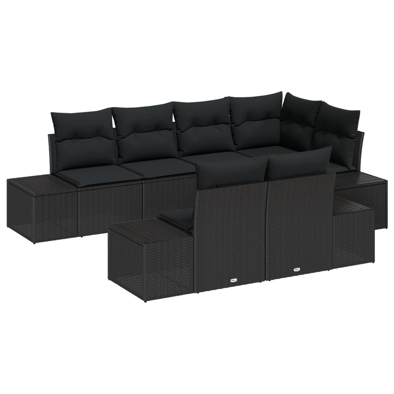 7 Piece Garden Sofa Set with Cushions Black Poly Rattan