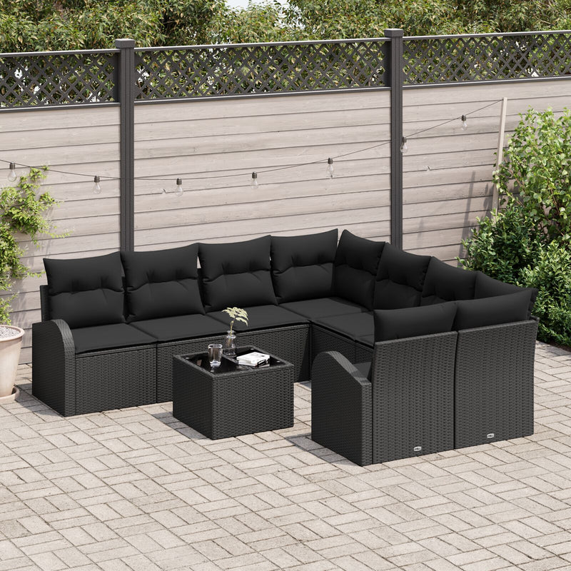 9 Piece Garden Sofa Set with Cushions Black Poly Rattan