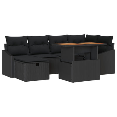 7 Piece Garden Sofa Set with Cushions Black Poly Rattan