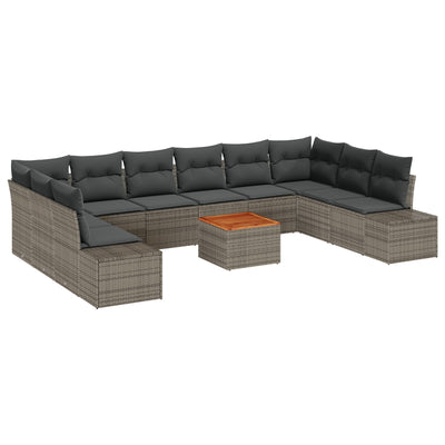 11 Piece Garden Sofa Set with Cushions Grey Poly Rattan Acacia