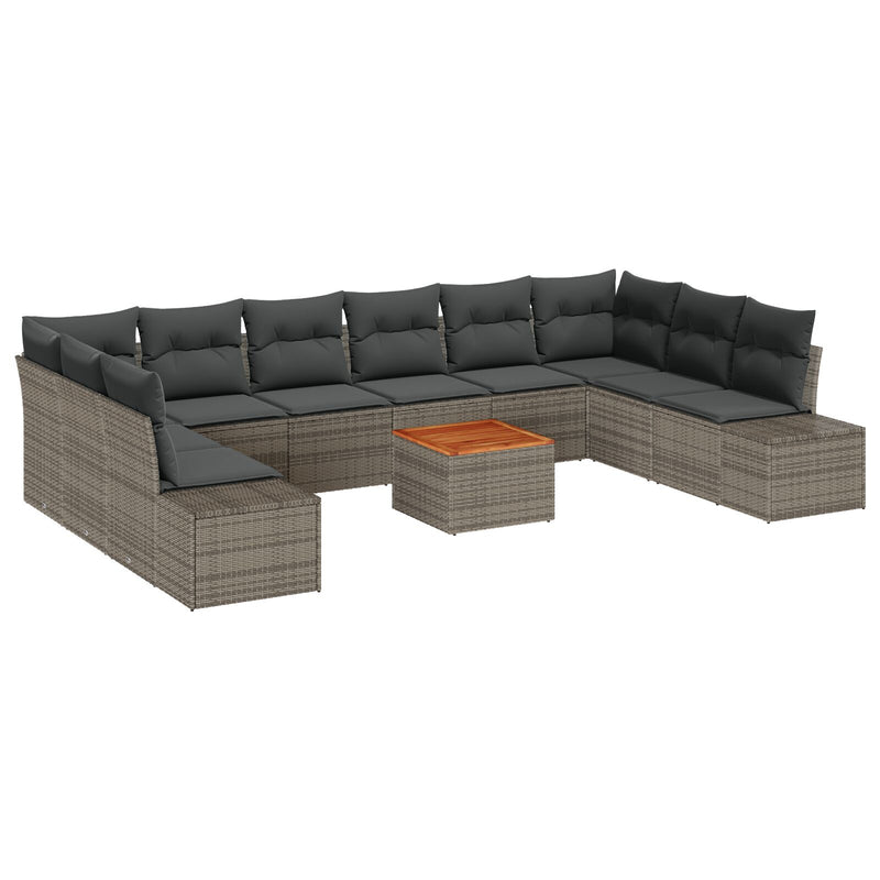 11 Piece Garden Sofa Set with Cushions Grey Poly Rattan Acacia