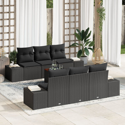 7 Piece Garden Sofa Set with Cushions Black Poly Rattan Acacia