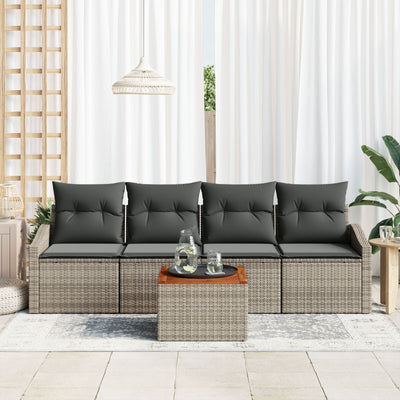 5 Piece Garden Sofa Set with Cushions Grey Poly Rattan Acacia