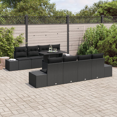 9 Piece Garden Sofa Set with Cushions Black Poly Rattan