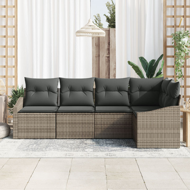 5 Piece Garden Sofa Set with Cushions Grey Poly Rattan