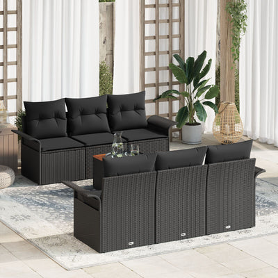 7 Piece Garden Sofa Set with Cushions Black Poly Rattan Acacia