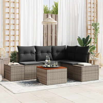 5 Piece Garden Sofa Set with Cushions Grey Poly Rattan Acacia