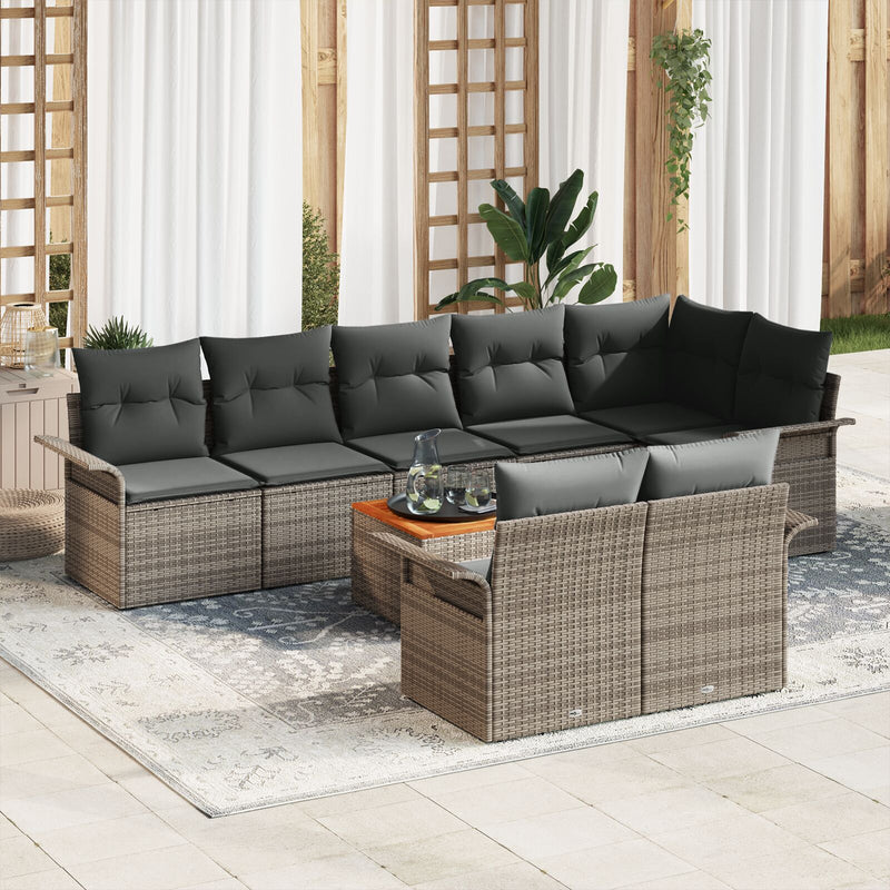 9 Piece Garden Sofa Set with Cushions Grey Poly Rattan Acacia