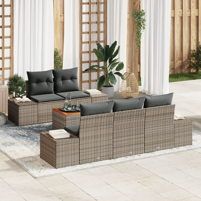 6 Piece Garden Sofa Set with Cushions Grey Poly Rattan Acacia