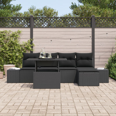 6 Piece Garden Sofa Set with Cushions Black Poly Rattan