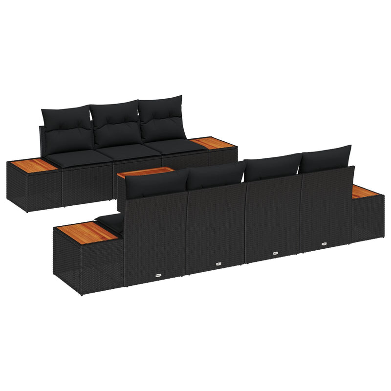 8 Piece Garden Sofa Set with Cushions Black Poly Rattan Acacia
