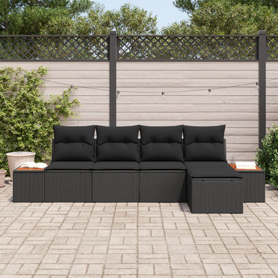 5 Piece Garden Sofa Set with Cushions Black Poly Rattan Acacia