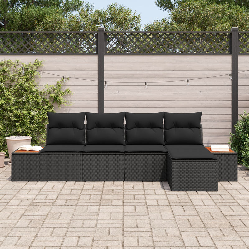 5 Piece Garden Sofa Set with Cushions Black Poly Rattan Acacia