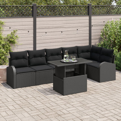 7 Piece Garden Sofa Set with Cushions Black Poly Rattan