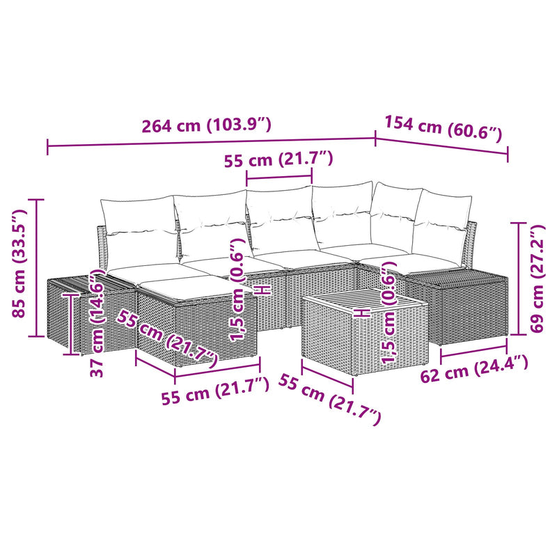 7 Piece Garden Sofa Set with Cushions Black Poly Rattan Acacia
