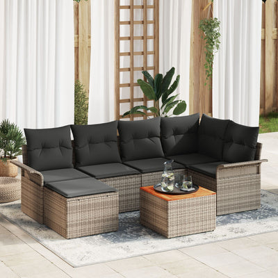 7 Piece Garden Sofa Set with Cushions Grey Poly Rattan Acacia