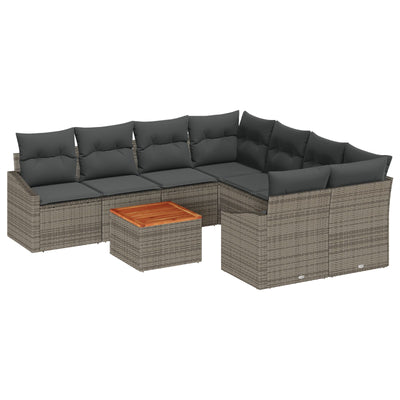 9 Piece Garden Sofa Set with Cushions Grey Poly Rattan Acacia