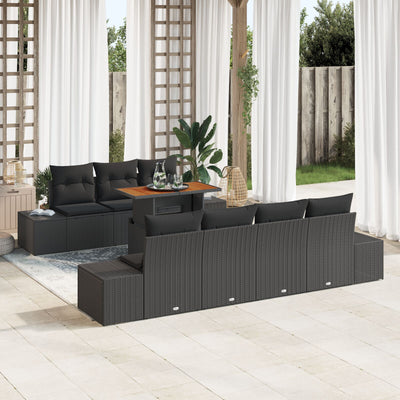 8 Piece Garden Sofa Set with Cushions - Black Poly Rattan
