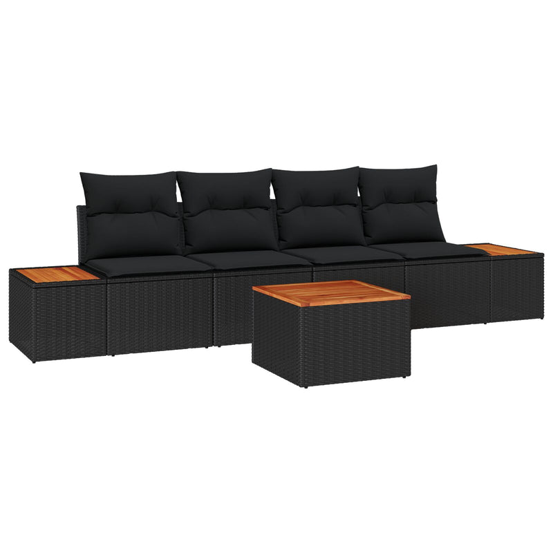 5 Piece Garden Sofa Set with Cushions Black Poly Rattan Acacia