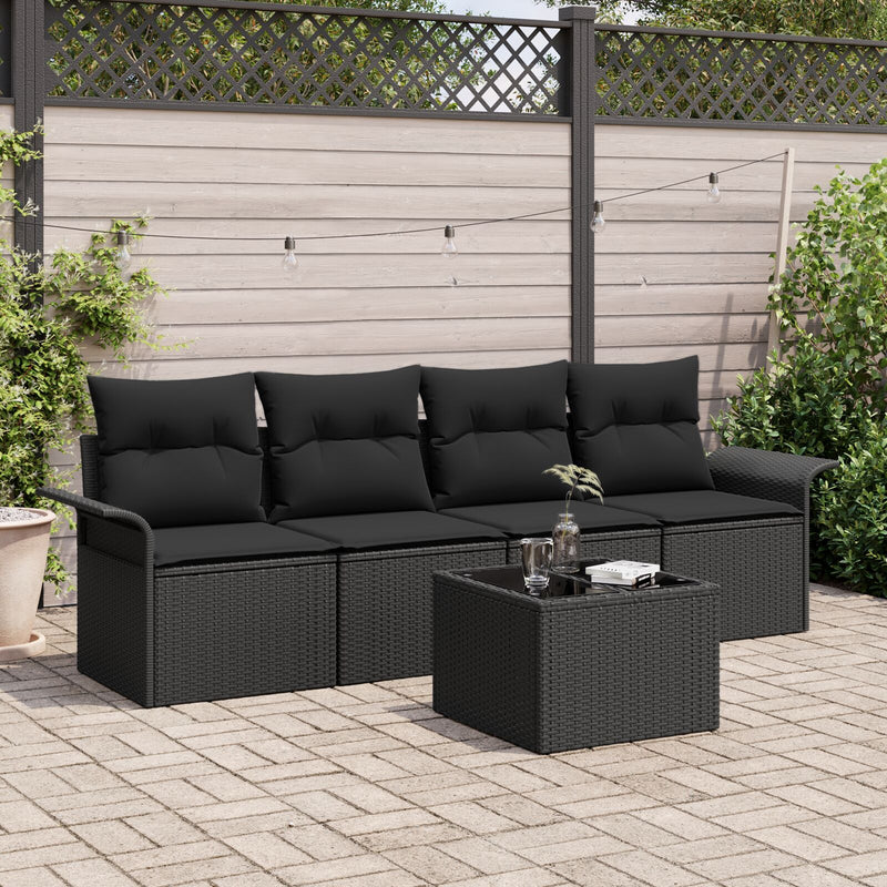 5 Piece Garden Sofa Set with Cushions Black Poly Rattan