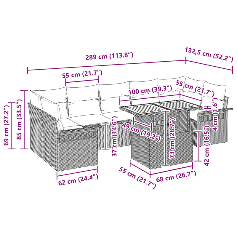 8 Piece Garden Sofa Set with Cushions Grey Poly Rattan Acacia