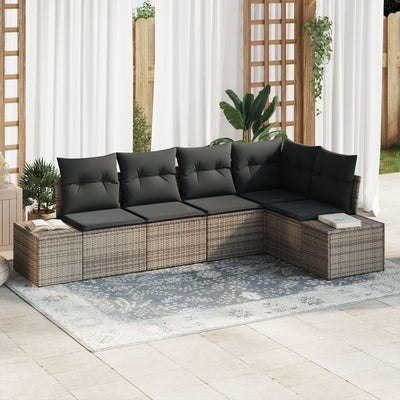 5 Piece Garden Sofa Set with Cushions Grey Poly Rattan