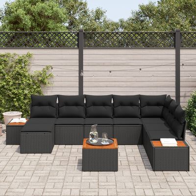 9 Piece Garden Sofa Set with Cushions Black Poly Rattan Acacia