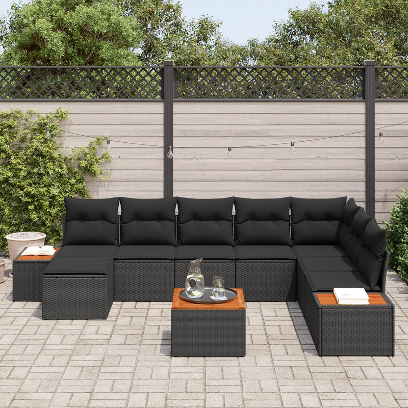 9 Piece Garden Sofa Set with Cushions Black Poly Rattan Acacia